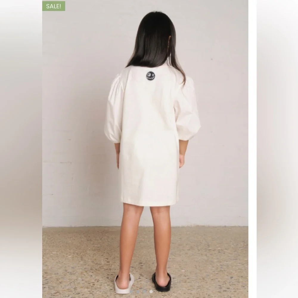 LOUD APPAREL Organic Cotton Girls White Puff Sleeve “Oopsie Daisy” Dress Size 14